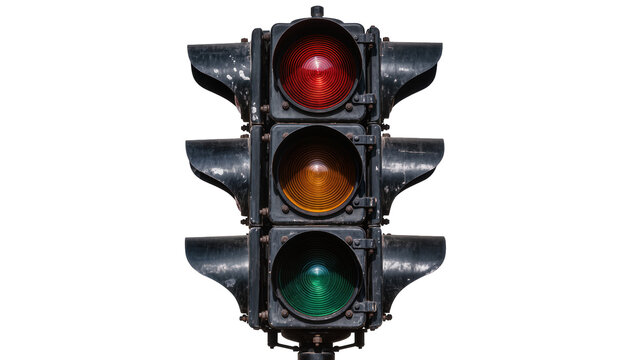 Weathered traffic signal with red yellow and green lights, isolated on transparent background
