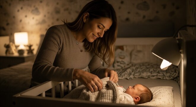 Loving mother tucking in baby with gentle care in cozy nursery, soft lighting creating warm atmosphere. Mother interacts tenderly with infant, ensuring comfort and safety.