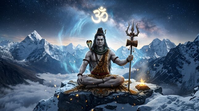 Lord Shiva meditating on Mount Kailash with glowing Om symbol