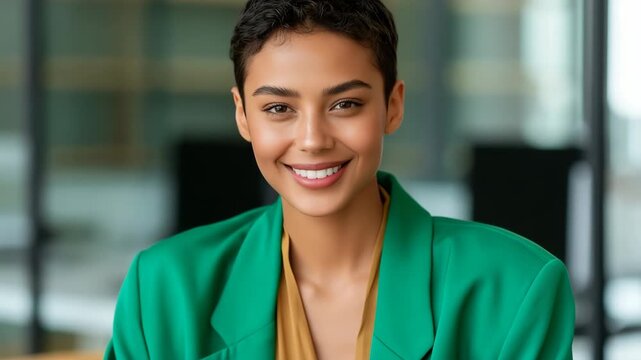 Young professional woman in green blazer holding a gold trophy in a modern office for celebration portrait and corporate banner design