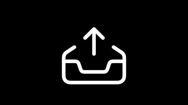 Minimalist outbox icon animation, white line art upload symbol on black background, digital file transfer and data export motion graphic on alpha channel