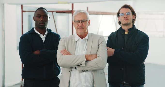 Contractors, face or team on site with arms crossed, industrial group or about us as engineers. Serious, men or architects with confidence, solidarity or diverse staff in infrastructure development.