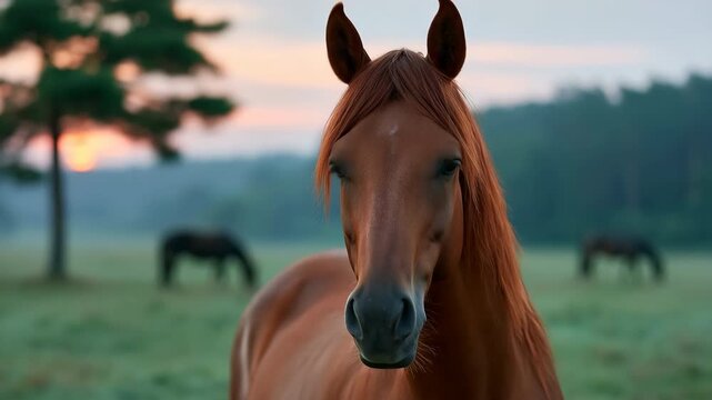 Chestnut horse close portrait in dewy meadow with grazing companions at sunrise for serene banner and countryside background design
