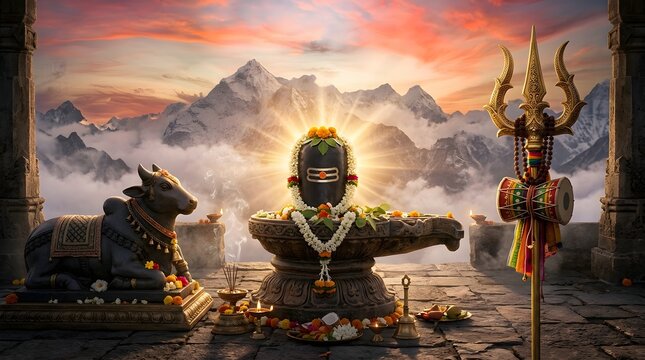 Shiva Lingam with Nandi statue and Trishula in Himalayan mountain sunset
