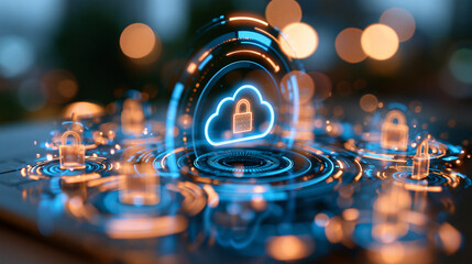 Fototapeta premium Digital cybersecurity concept with a glowing cloud icon connected to encrypted data nodes on a bright clean background, crisp blue and amber accents, cloud protection, network encr
