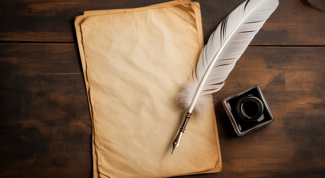 Vintage quill pen with inkwell on aged parchment paper for creative writing concept featuring historical stationery on wood table.