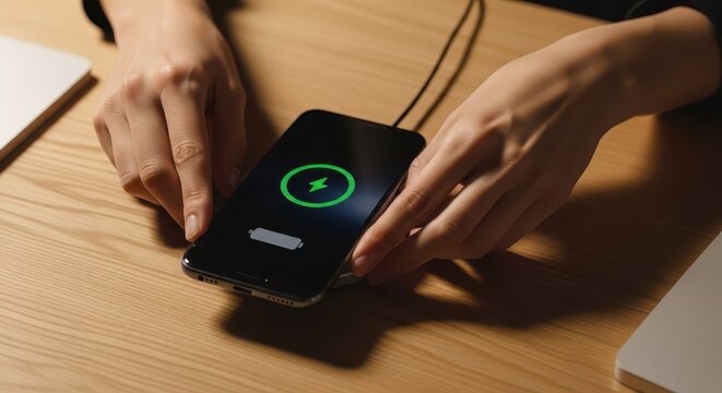 Hands placing a smartphone on a wireless charging pad, screen displaying charging icon and battery level