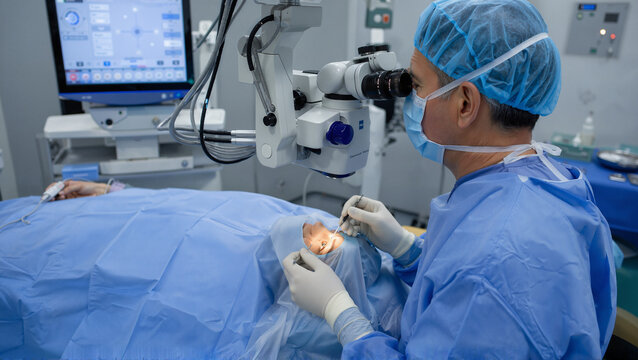 Surgical procedure for hearing aid fitting with audiologist in operating room. Hearing aid is carefully placed by audiologist focused on patient, ensuring precision and comfort.