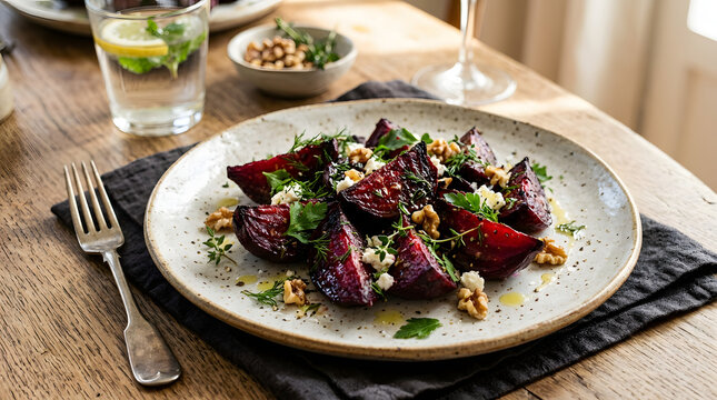 Roasted beetroot salad with crumbled goat cheese walnuts and fresh herbs on a plate