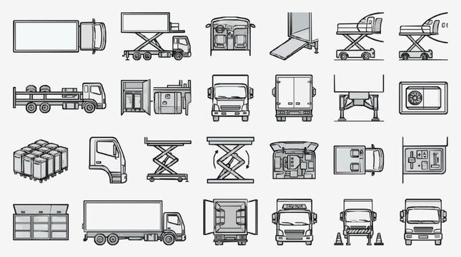 Minimalist Black and White Line Drawing Icons Set of Various Types of Service and Utility Vehicles