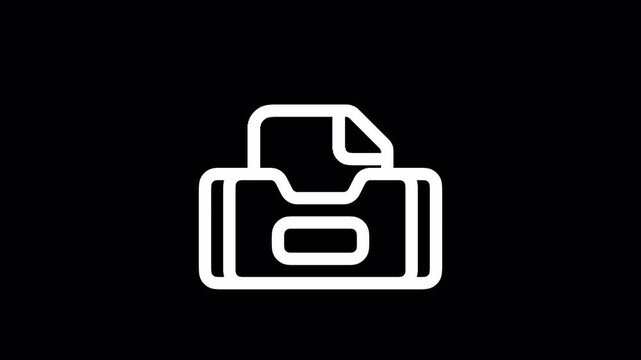 Minimalist inbox icon animation, white line art document tray on black background, digital office filing and email management concept video on alpha channel