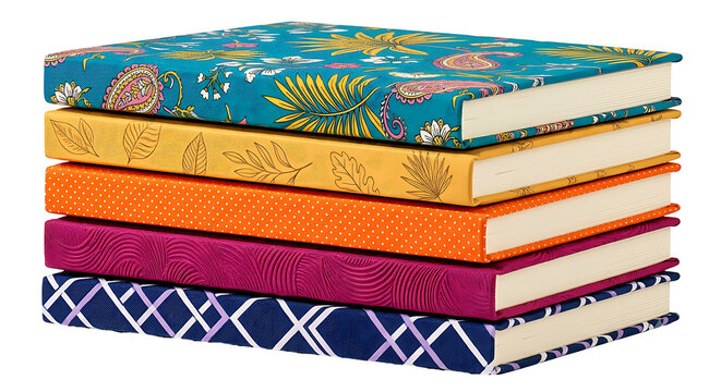 Stack of five colorful patterned hardcover notebooks isolated on transparent background for education and creative writing projects