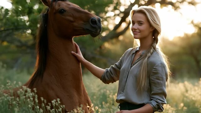 Smiling woman in braid with brown horse in sunlit field for equestrian lifestyle poster and nature banner