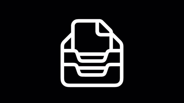 Minimalist document tray icon animation, white line art office inbox on black background, digital filing and organization concept video on alpha channel