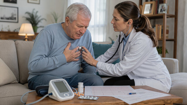 Doctor examining elderly patient with heart issues, performing checkup with stethoscope and blood pressure monitor. Elderly man presenting cardiac symptoms while receiving care and consultation.