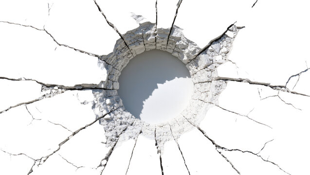 Cracked white surface with a circular hole, isolated on transparent background