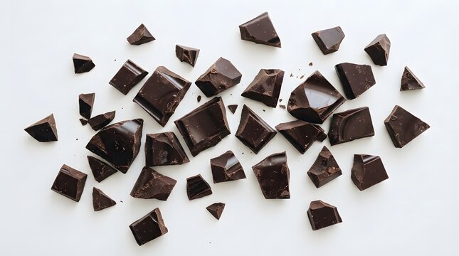 Dark chocolate chunks isolated on white background