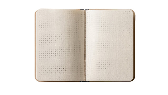 Open dot grid notebook with cream pages, isolated on transparent background