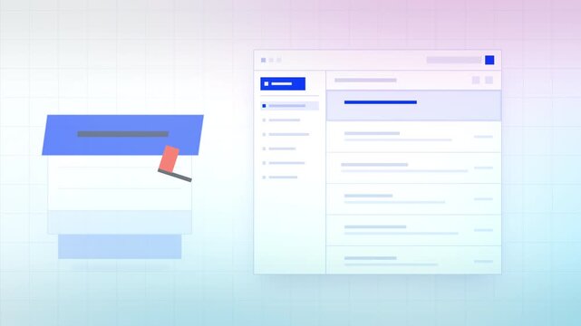 Email inbox dashboard builds on a pastel grid as messages and interface panels animate into view, creating a clean horizontal visual for software marketing and presentations.