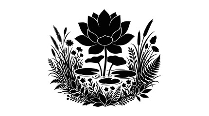 Fototapeta premium Black Botanical Vector Silhouettes, Lotus Flower With Ferns, Vintage Wild Plants And Leaves, Decorative Design, Nature Badge, Graphic Elements, Monochrome Illustration For Backgrounds