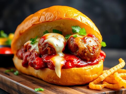 A savory meatball sub sandwich with melted mozzarella cheese, Italian-inspired, melty cheese