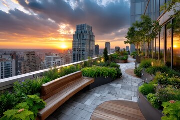 Fototapeta premium Rooftop garden with city view at sunset