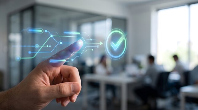 Fingertip advancing a virtual project workflow and performance tracking interface in an office