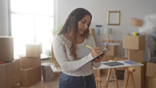 Woman writing on clipboard with pen among stacked cardboard moving boxes in building, checking inventory and organizing items; focused settling in.