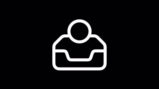 Minimalist white line inbox icon on black background, digital mail and message notification symbol, clean interface design element for business communication on alpha channel