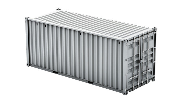 Standard grey corrugated shipping container with double doors, isolated on transparent background