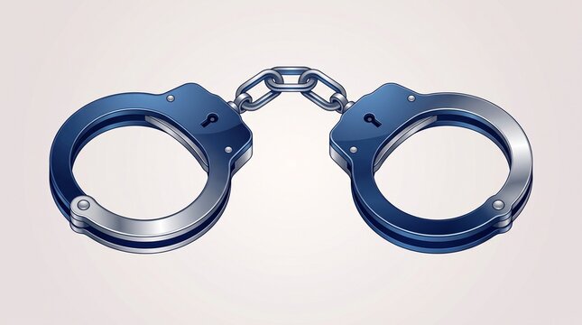 Professional vector illustration of shiny blue metallic handcuffs with steel chain links, ideal for law enforcement and justice concepts.