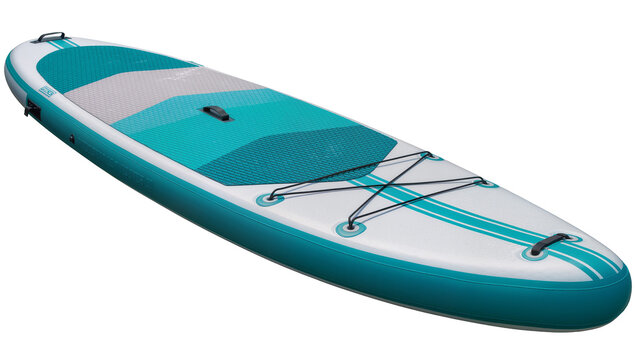 Inflatable stand up paddleboard with teal and grey pattern, isolated on transparent background