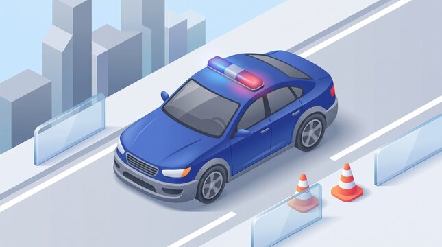 Isometric blue police car on urban road with emergency lights and traffic cones for law enforcement and traffic management concepts.