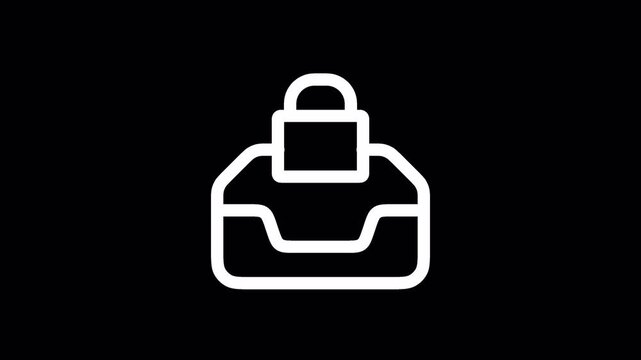 Cybersecurity data locker icon, white outline of a secure storage box with padlock, digital privacy and encrypted information protection symbol on alpha channel