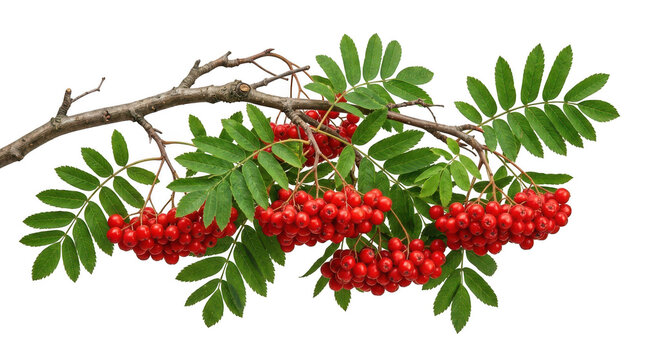 Branch of rowan tree with bright red berries and green leaves isolated on transparent background