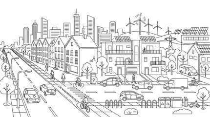 Fototapeta premium Sustainable city skyline with renewable energy sources and eco-friendly transportation.