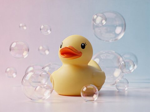 Yellow rubber duck surrounded by soap bubbles on a soft gradient background, ideal for children's bath time themes and playful imagery