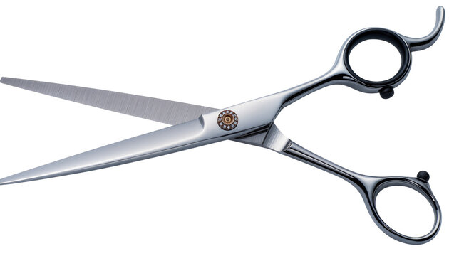 Professional silver hair cutting scissors with ergonomic handles, isolated on transparent background