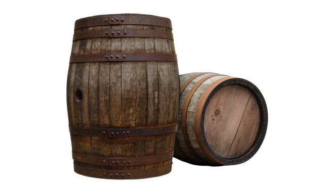 Two weathered wooden barrels with rusty metal bands, isolated on transparent background