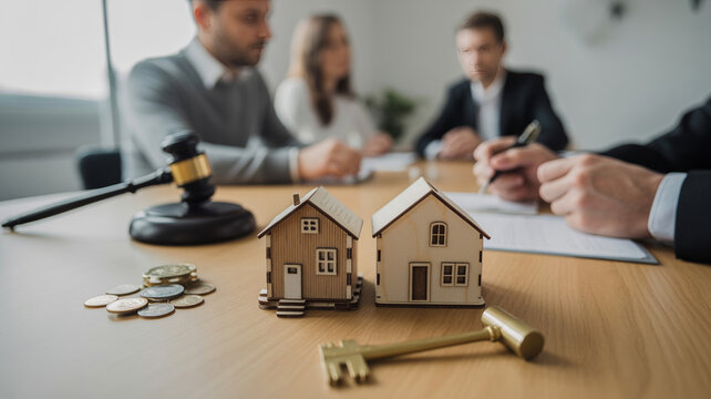Two miniature houses, a golden key, and money on a table with people discussing in the background.