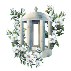 Watercolor Victorian garden pavilion framed by flowers. Elegant English estate illustration for storybook scenes, invitations, branding, stationery and botanical collections