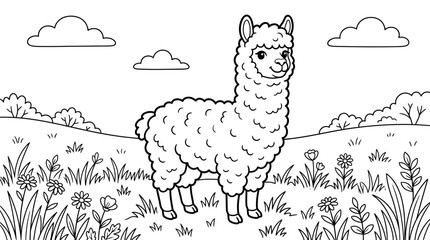 Naklejka premium Cute llama standing in a floral meadow coloring page with coloring illustration children activity educational