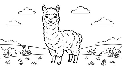 Naklejka premium Cute cartoon llama in a meadow line art coloring page for kids with coloring illustration friendly standing children