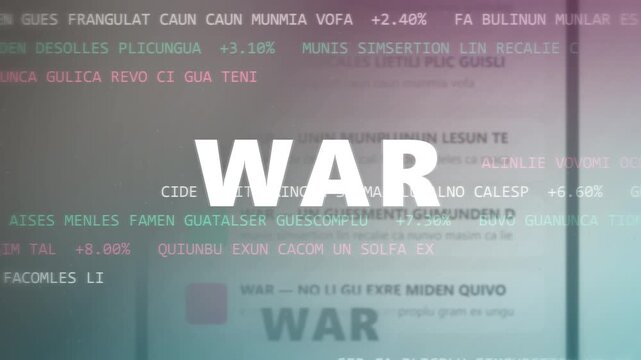 Bold WAR headline moves over layered newspaper columns and infographic panels in a fast editorial animation for news broadcasts, documentary marketing, and social media.