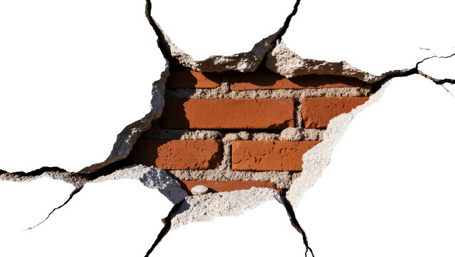 Cracked white plaster revealing red brick wall structure, isolated on transparent background
