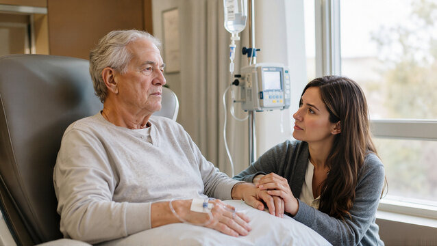 Emotional support during cancer treatment with elderly man receiving chemotherapy infusion while caring daughter holds his hand. Oncology patient&rsquo;s journey filled with hope and survival.