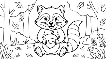 Fototapeta premium Happy raccoon holding a smiling acorn coloring page for children with coloring activity illustration woodland