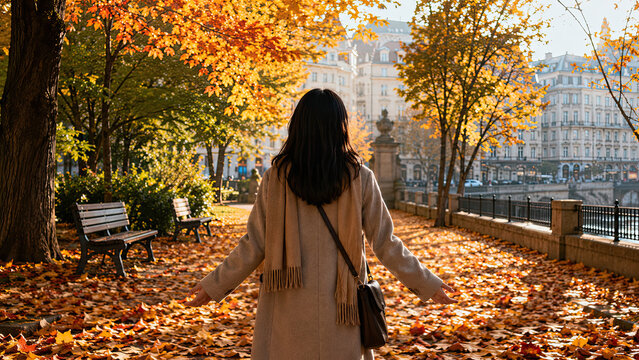 Expat autumn homesickness. Back view of an Asian adult standing on a path covered in fallen autumn leaves in a foreign city park, in the unfamiliar season
