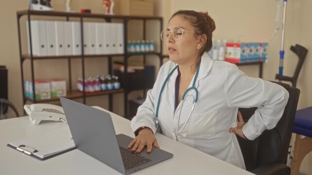 Woman doctor at desk typing on laptop with hand on lower back for backache in medical office building; fatigue pain stress.