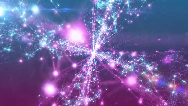 Pink and blue particle burst with energy lines.